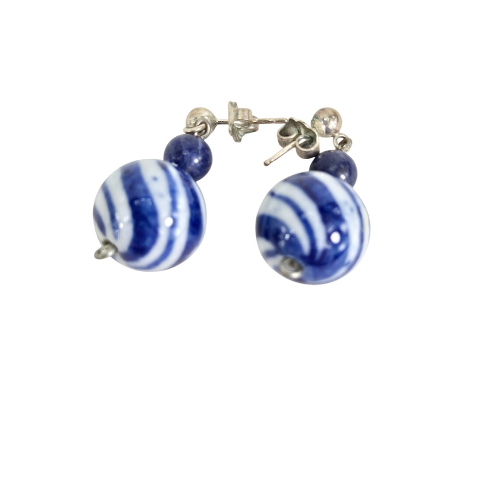 Blue Ceramic Porcelain Basket Weave Bead‎ Necklace Earrings Set Coco 925 - Picture 4 of 9